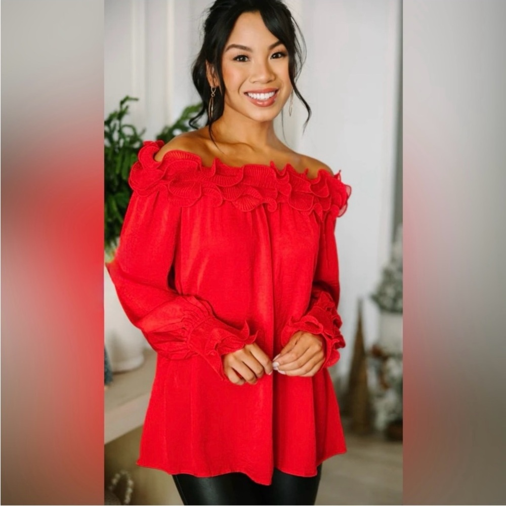 Red Ruffle Off The Shoulder Long Sleeve Blouse | Flowing, Stunning | NWT | Small - Picture 1 of 9